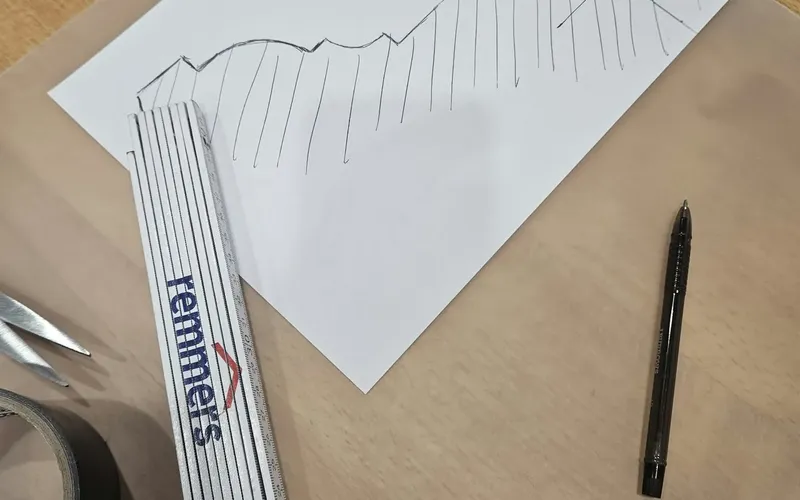 Hand sketch of a stepped and curved moulding profile on paper, with a folding rule and a pen beside it.