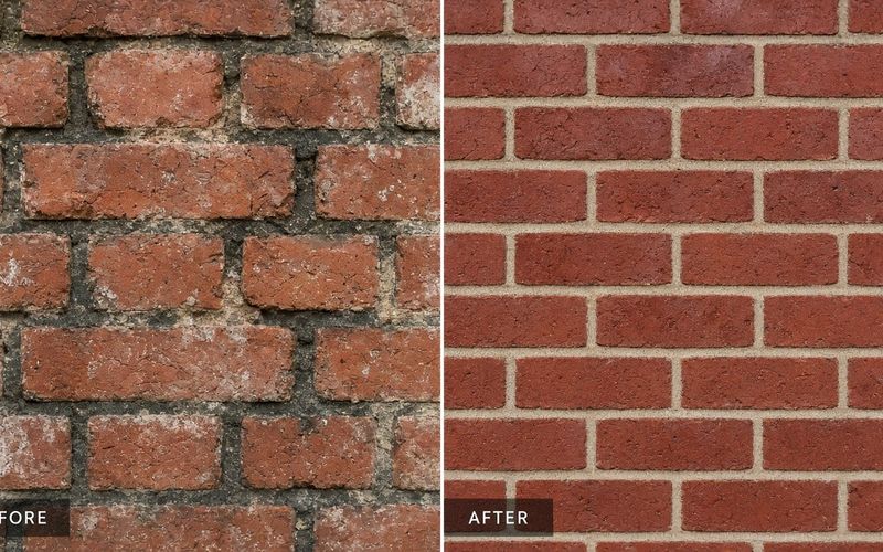 Before and after collage of heritage brick repointing — failed mortar joints versus freshly cleaned new pointing