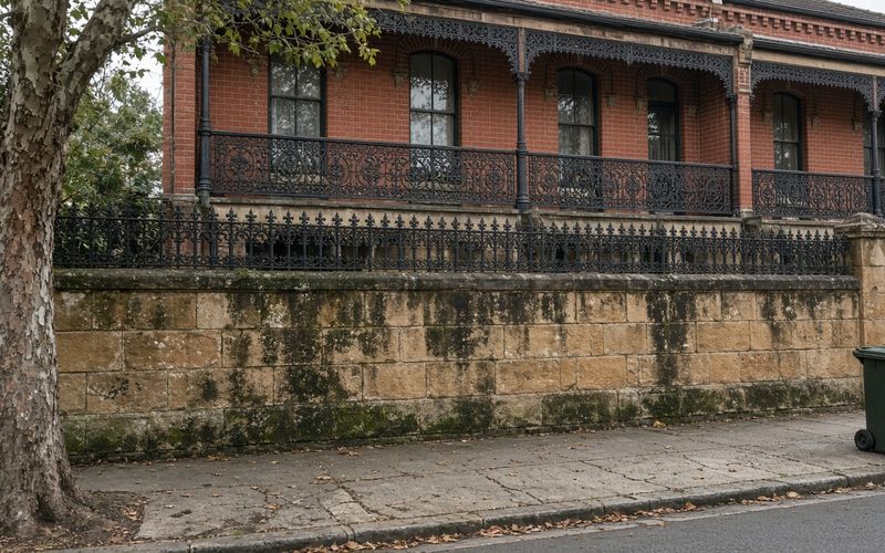 Victorian terrace in Sydney with a weathered sandstone base wall showing grime streaks and green biological staining