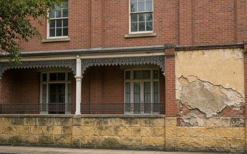 Victorian terrace with a weathered sandstone base, cast-iron lace verandah and red brick walls, one bay covered in cracked, failing render exposing the brick beneath
