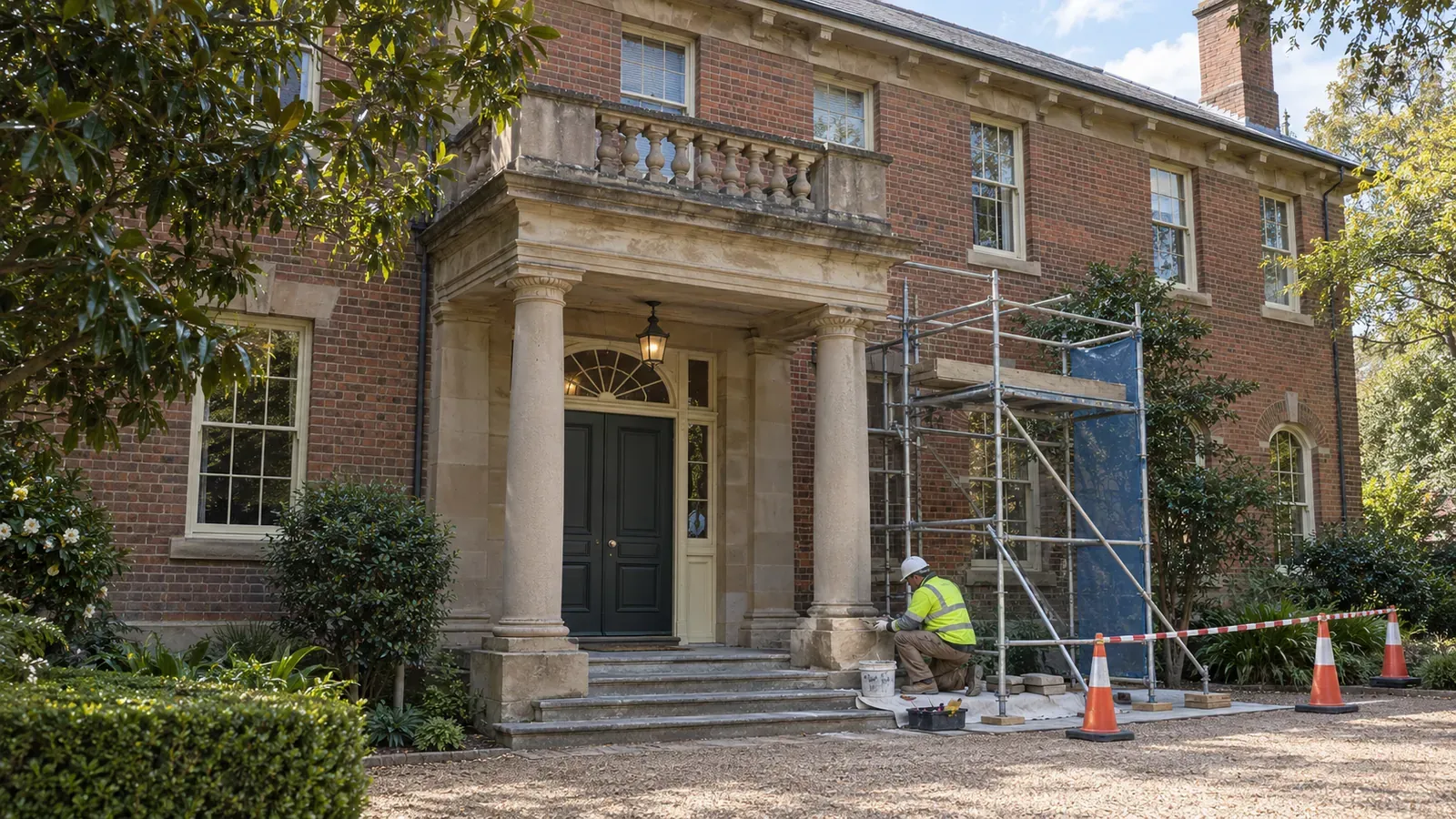AI-generated illustration of a brick heritage building with a stone portico, scaffold and a mason repairing the entrance.
