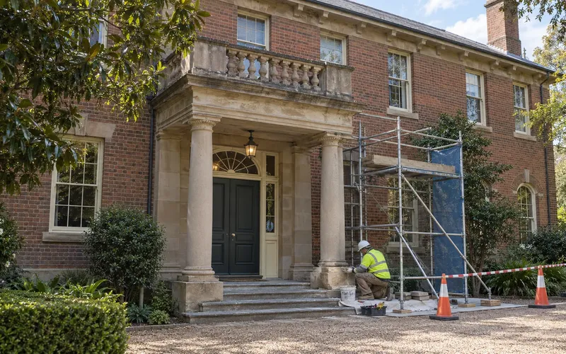 AI-generated illustration of a brick heritage building with a stone portico, scaffold and a mason repairing the entrance.