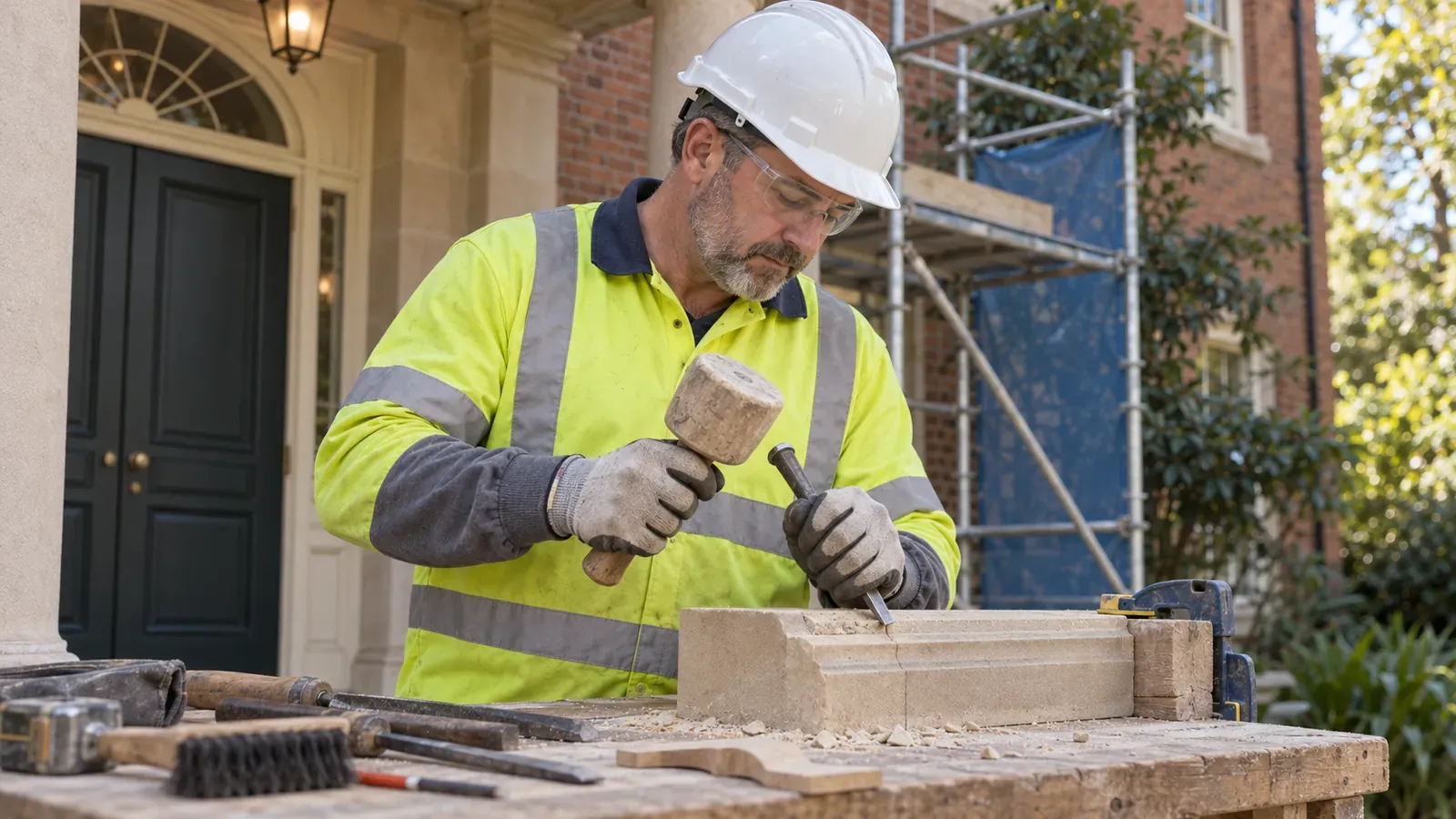 AI-generated illustration of a stonemason shaping a sandstone detail with a mallet and chisel.