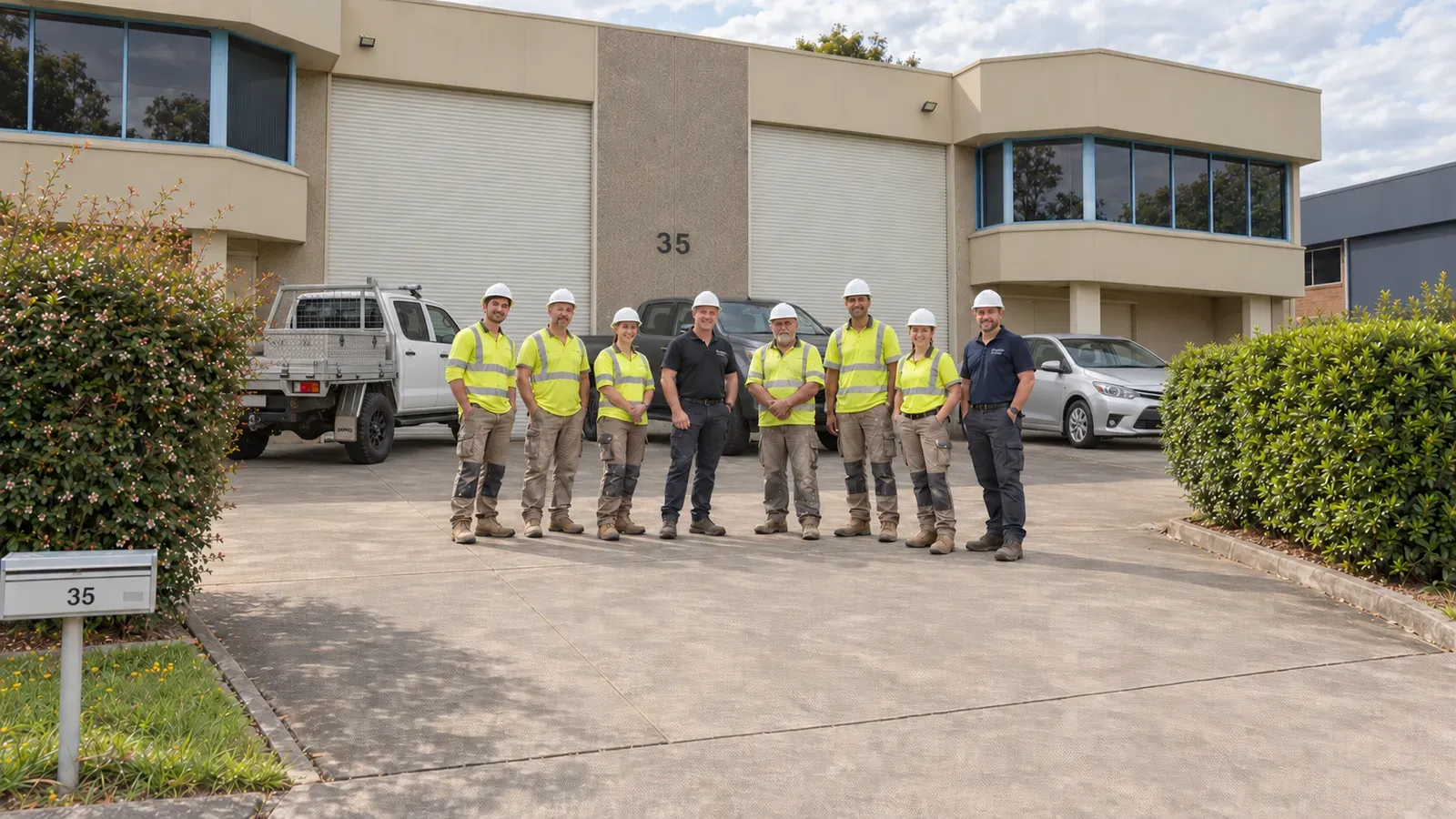AI-generated illustration of an eight-person renovation team in hi-vis shirts and navy polos outside an industrial workshop.