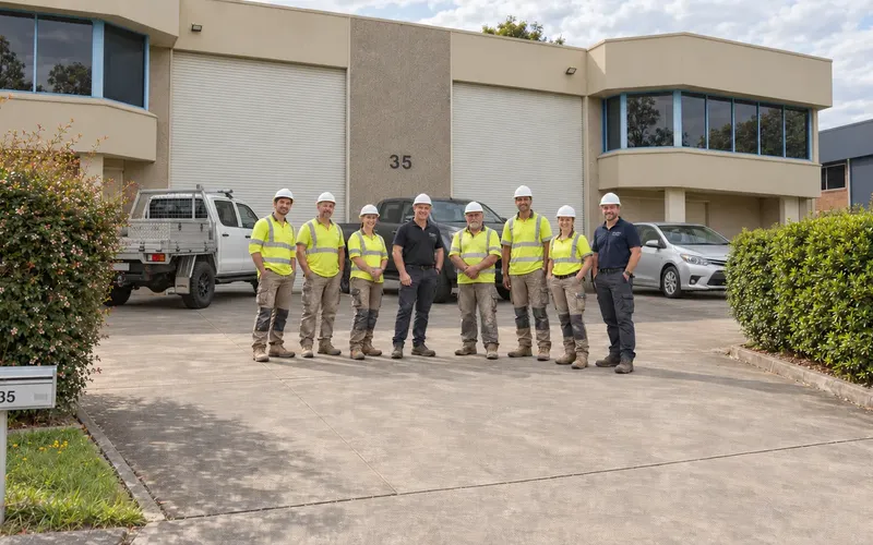 AI-generated illustration of an eight-person renovation team in hi-vis shirts and navy polos outside an industrial workshop.