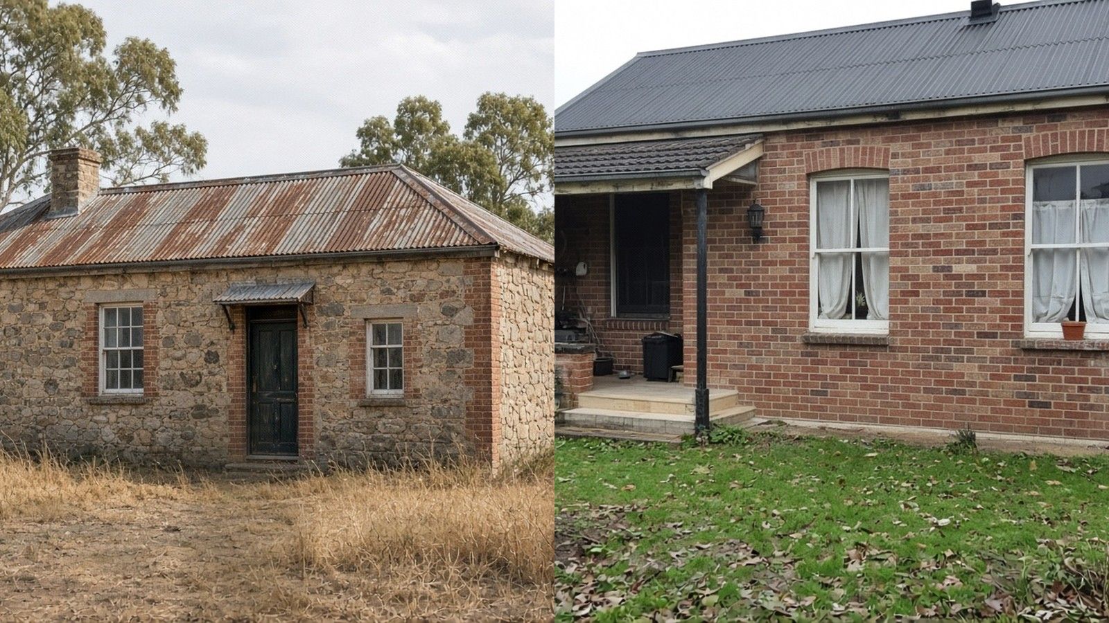 Heritage masonry comparison — older SA farm cottage and a lived-in Sydney brick house