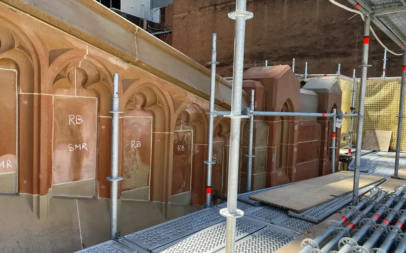 Restored sandstone arches showing consolidated, repaired stonework