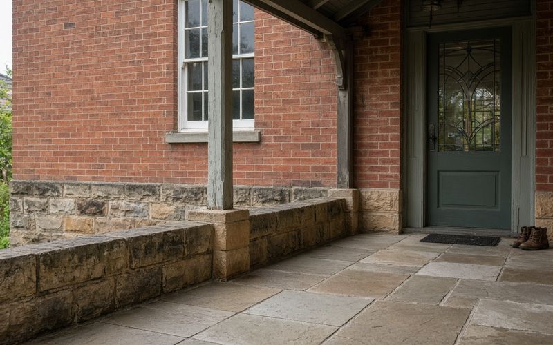 Older Sydney Federation verandah with honed sandstone flagging beside a weathered sandstone base and red brick walls