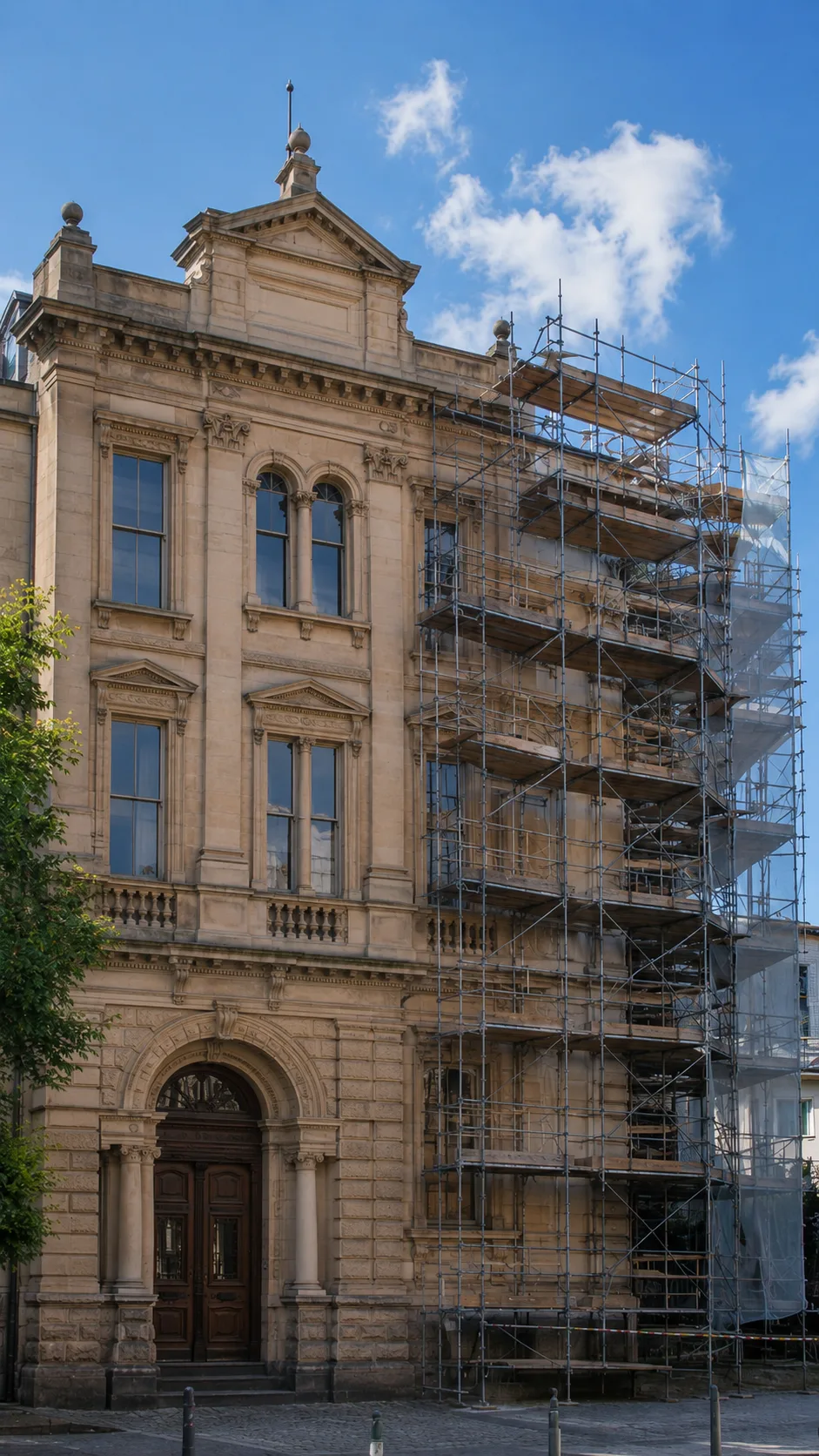 Heritage sandstone building façade under restoration, with scaffolding