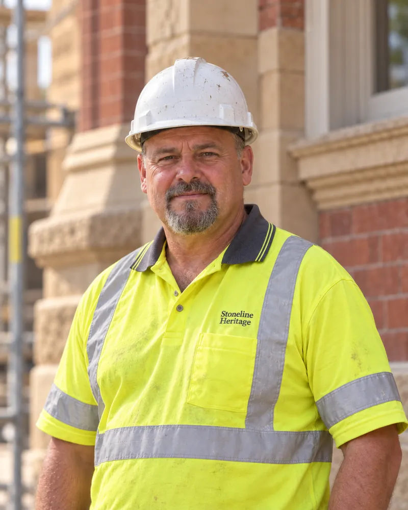 Illustrative portrait for Andrzej Wiśniewski’s profile, wearing a white hard hat and yellow hi-vis shirt beside brick and sandstone masonry.