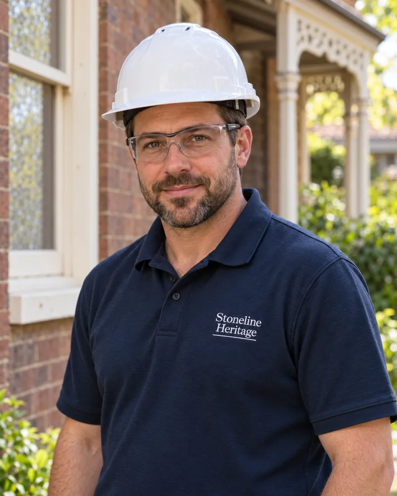 Illustrative portrait for Shane O'Hara’s profile, wearing a white hard hat and navy Stoneline Heritage polo beside a brick heritage building.